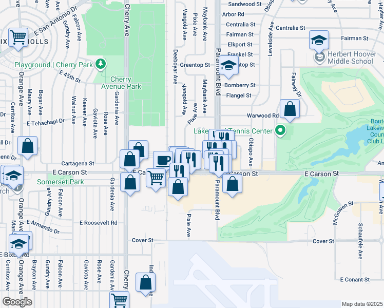 map of restaurants, bars, coffee shops, grocery stores, and more near 4202 Pixie Avenue in Lakewood