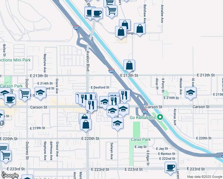 map of restaurants, bars, coffee shops, grocery stores, and more near 849 East Desford Street in Carson