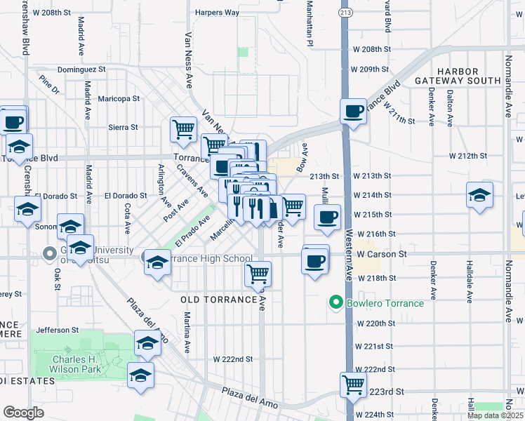 map of restaurants, bars, coffee shops, grocery stores, and more near 1420 Cabrillo Avenue in Torrance