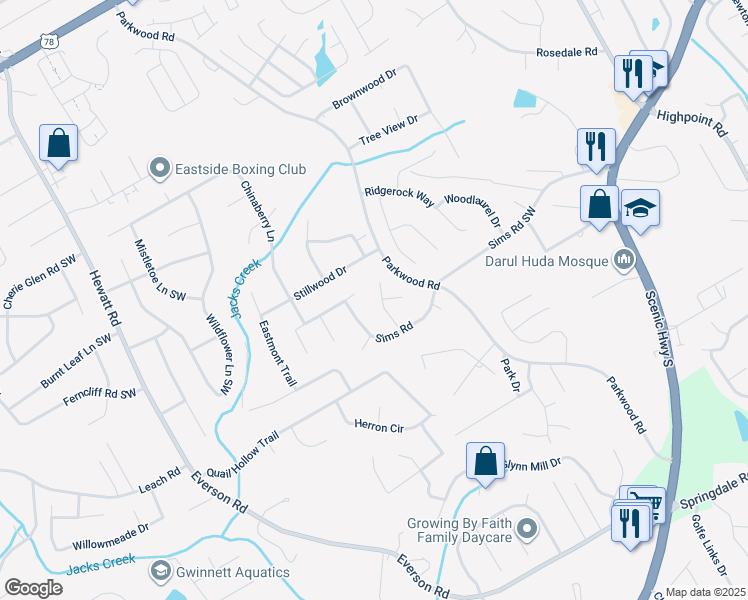 map of restaurants, bars, coffee shops, grocery stores, and more near 2641 Loch Way in Snellville