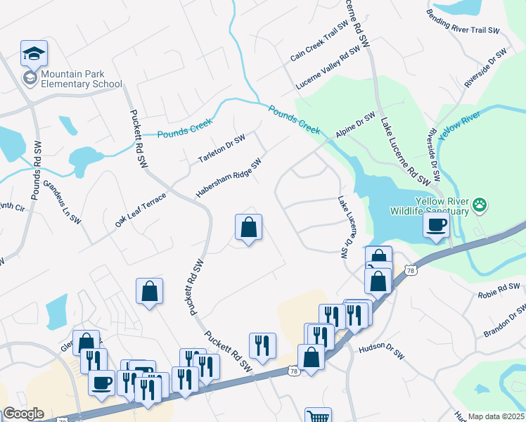 map of restaurants, bars, coffee shops, grocery stores, and more near 4837 Alpine Drive Southwest in Lilburn