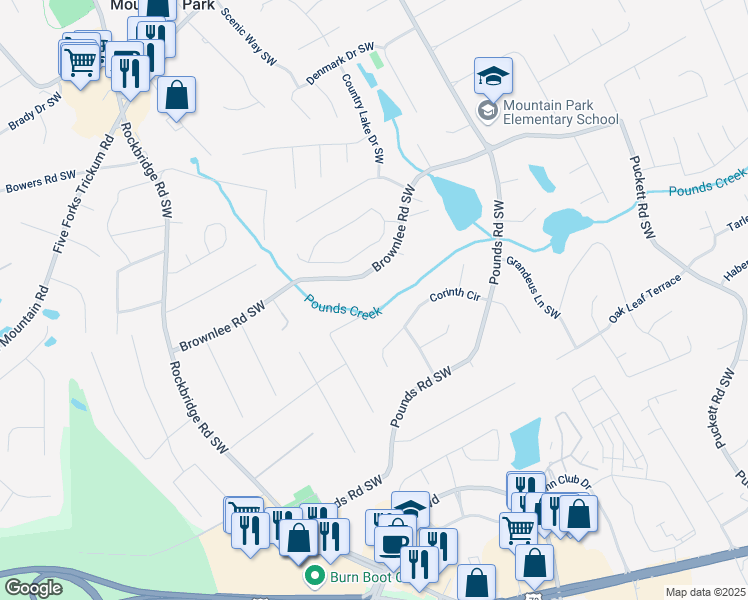 map of restaurants, bars, coffee shops, grocery stores, and more near 1541 Eldonlas Court in Stone Mountain