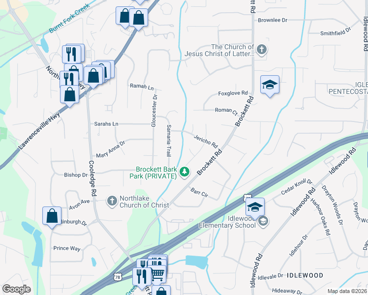 map of restaurants, bars, coffee shops, grocery stores, and more near 3907 Jerusalem Court in Tucker