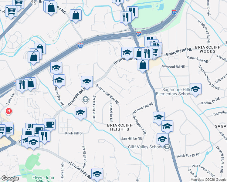 map of restaurants, bars, coffee shops, grocery stores, and more near 1796 Emory Ridge Drive in Atlanta