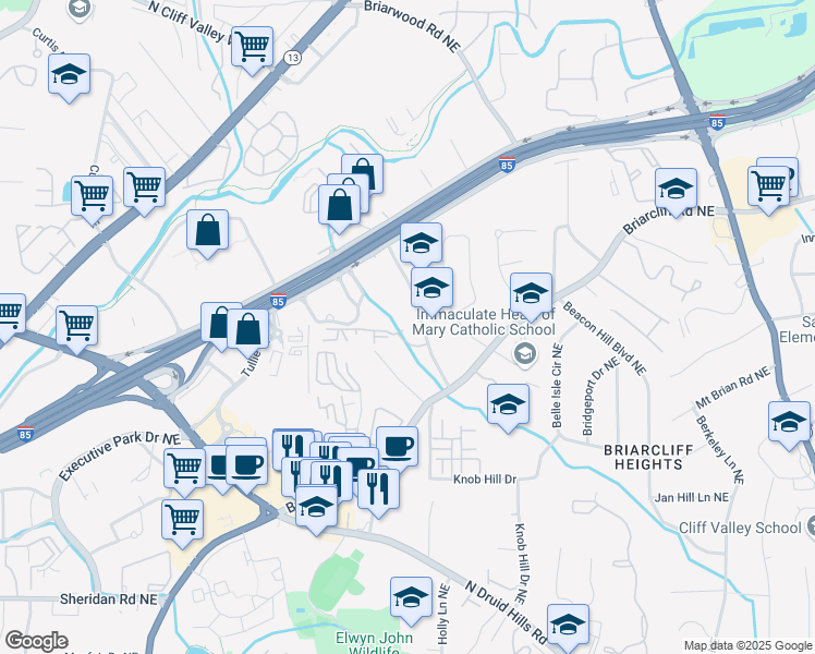 map of restaurants, bars, coffee shops, grocery stores, and more near 1214 Westchester Ridge Northeast in Atlanta