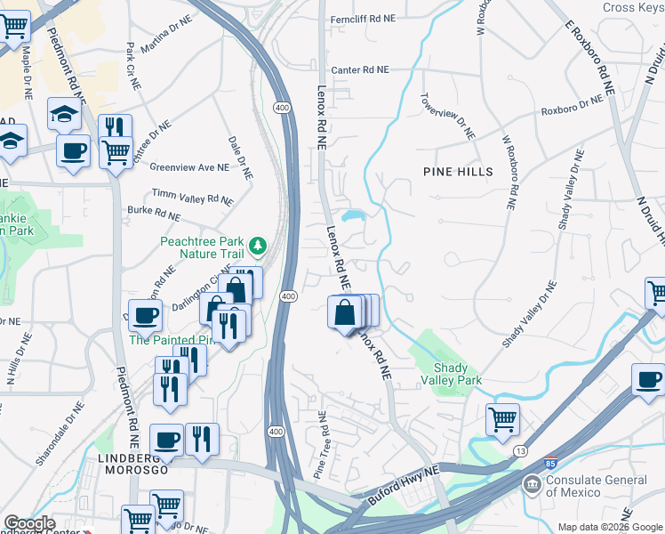 map of restaurants, bars, coffee shops, grocery stores, and more near 801-899 Lenox Way Northeast in Atlanta