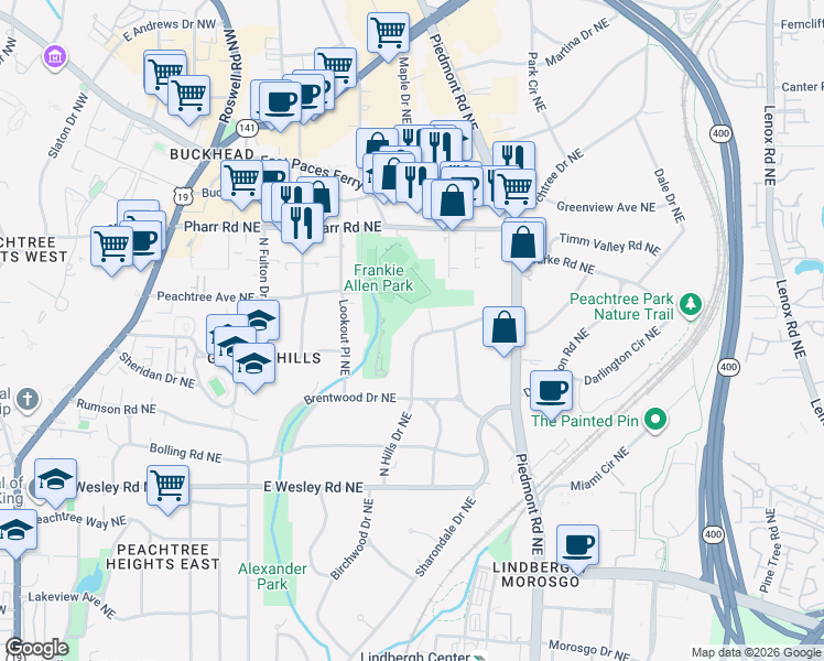 map of restaurants, bars, coffee shops, grocery stores, and more near 2882 North Hills Drive Northeast in Atlanta