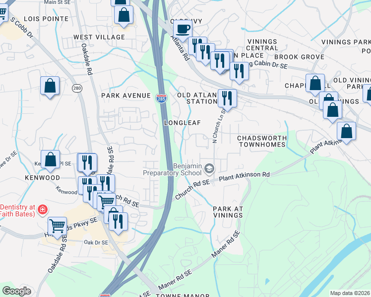 map of restaurants, bars, coffee shops, grocery stores, and more near 2502 Longcourt Circle in Smyrna
