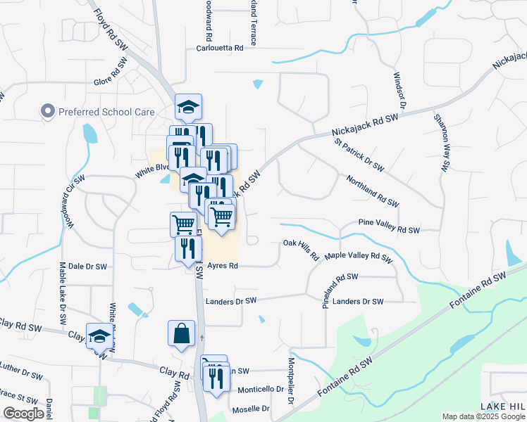 map of restaurants, bars, coffee shops, grocery stores, and more near 706 Briarleigh Court in Mableton