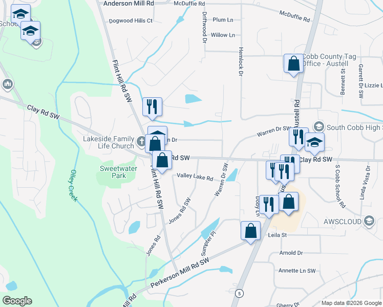 map of restaurants, bars, coffee shops, grocery stores, and more near 2262 Clay Road Southwest in Austell