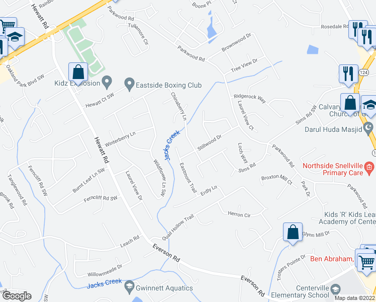 map of restaurants, bars, coffee shops, grocery stores, and more near 3631 Stillwood Drive in Snellville
