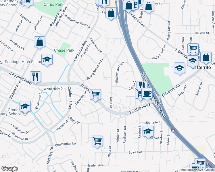 map of restaurants, bars, coffee shops, grocery stores, and more near 2785 State Street in Corona