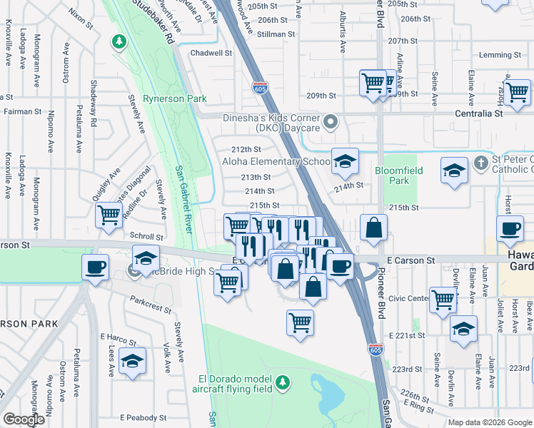 map of restaurants, bars, coffee shops, grocery stores, and more near 11414 215th Street in Lakewood
