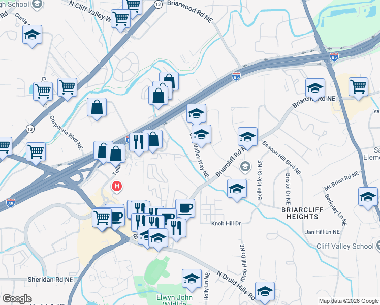 map of restaurants, bars, coffee shops, grocery stores, and more near 1214 Westchester Ridge Northeast in Atlanta