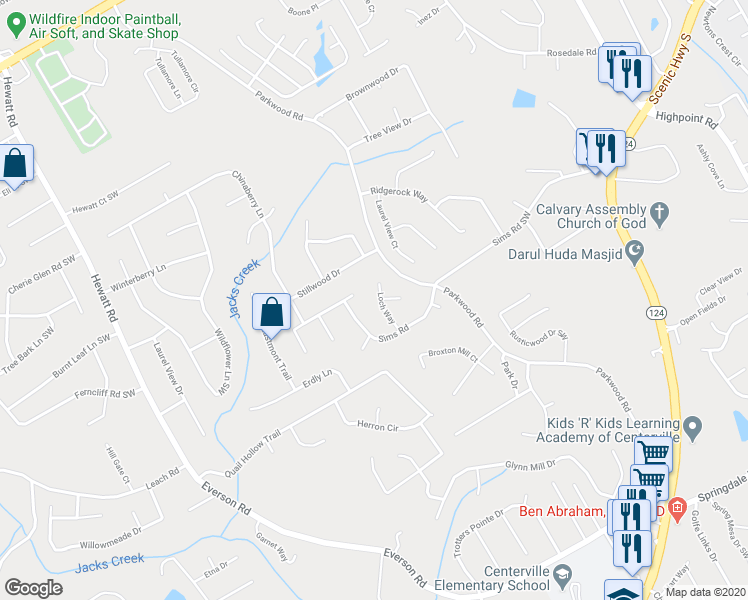 map of restaurants, bars, coffee shops, grocery stores, and more near 2641 Loch Way in Snellville