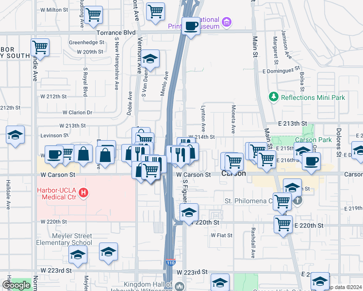 map of restaurants, bars, coffee shops, grocery stores, and more near 603 West 215th Street in Carson