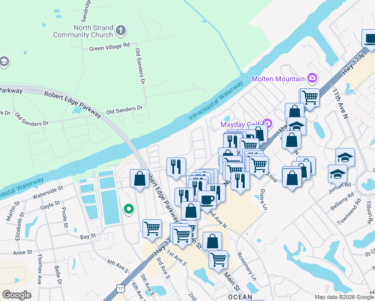 map of restaurants, bars, coffee shops, grocery stores, and more near 215 Landing Road in North Myrtle Beach