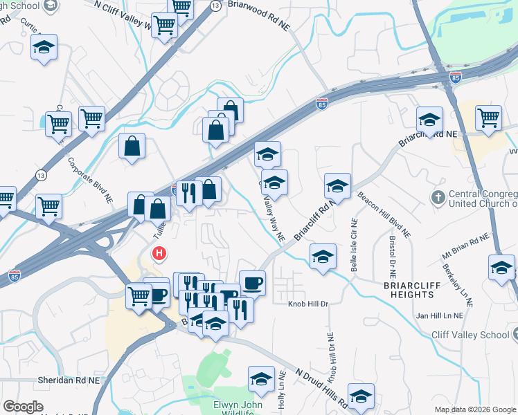 map of restaurants, bars, coffee shops, grocery stores, and more near 1214 Westchester Ridge Northeast in Atlanta