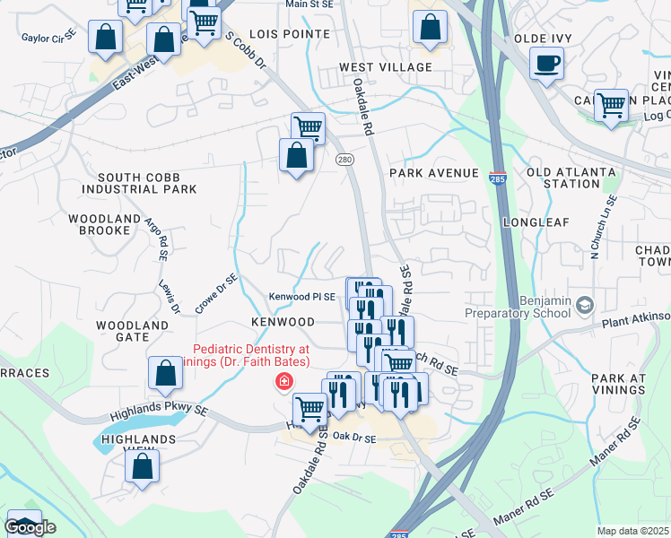 map of restaurants, bars, coffee shops, grocery stores, and more near 114 Calibre Lake Parkway Southeast in Smyrna