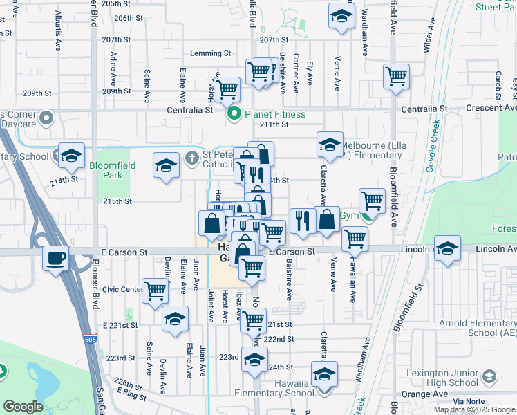 map of restaurants, bars, coffee shops, grocery stores, and more near 21512 Norwalk Boulevard in Hawaiian Gardens