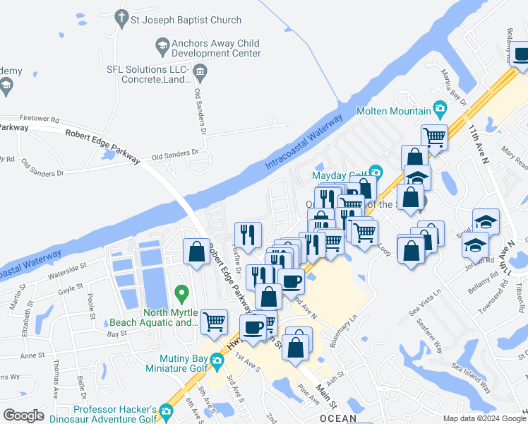 map of restaurants, bars, coffee shops, grocery stores, and more near 215 Landing Road in North Myrtle Beach