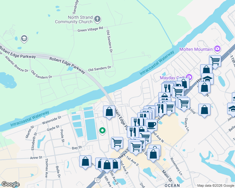 map of restaurants, bars, coffee shops, grocery stores, and more near 405 Riptide Circle in North Myrtle Beach