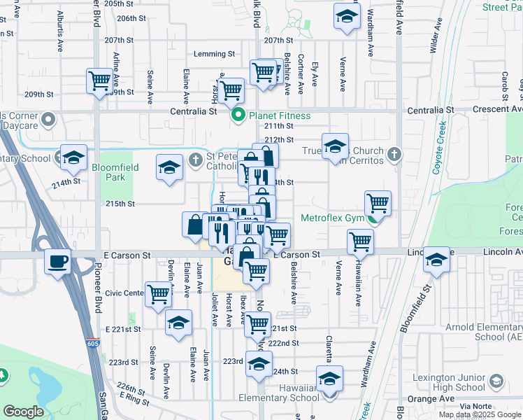 map of restaurants, bars, coffee shops, grocery stores, and more near 12146 215th Street in Hawaiian Gardens