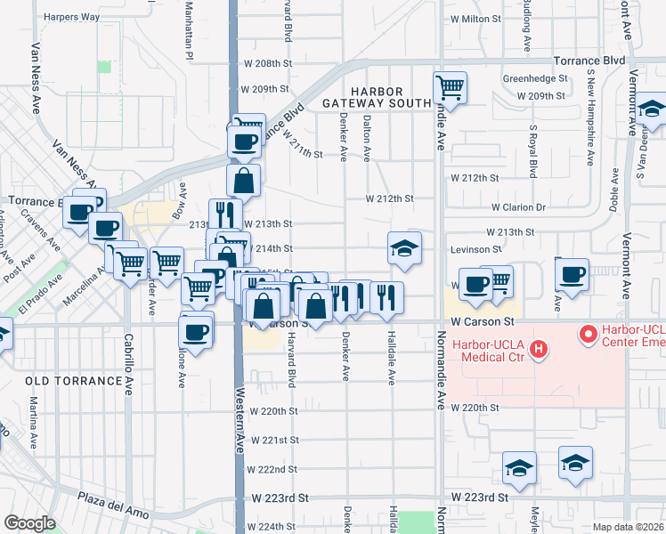 map of restaurants, bars, coffee shops, grocery stores, and more near 1513 West 215th Street in Torrance