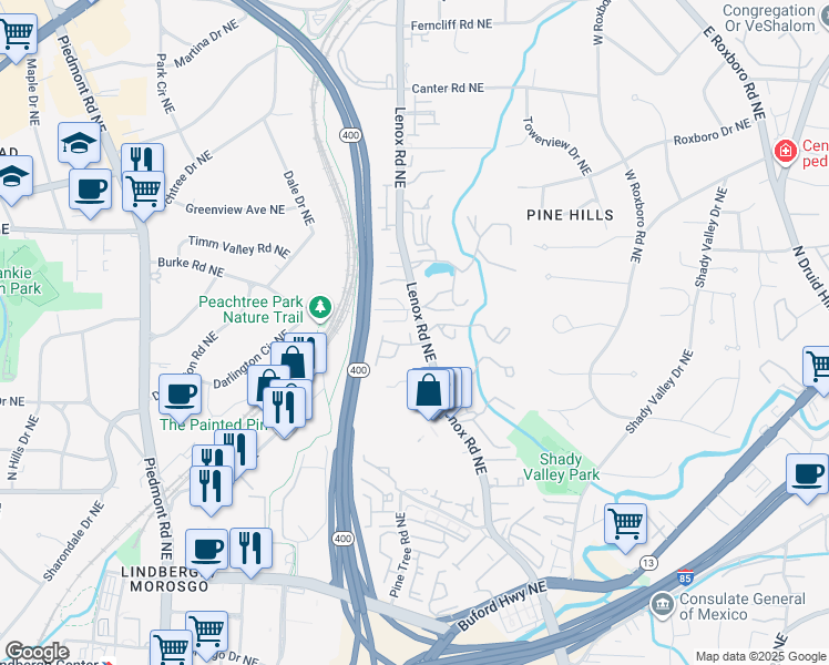 map of restaurants, bars, coffee shops, grocery stores, and more near 801-899 Lenox Way Northeast in Atlanta