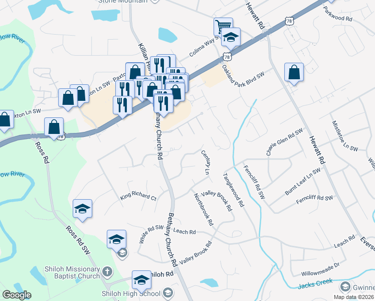 map of restaurants, bars, coffee shops, grocery stores, and more near 4063 Overland Trail Southwest in Snellville