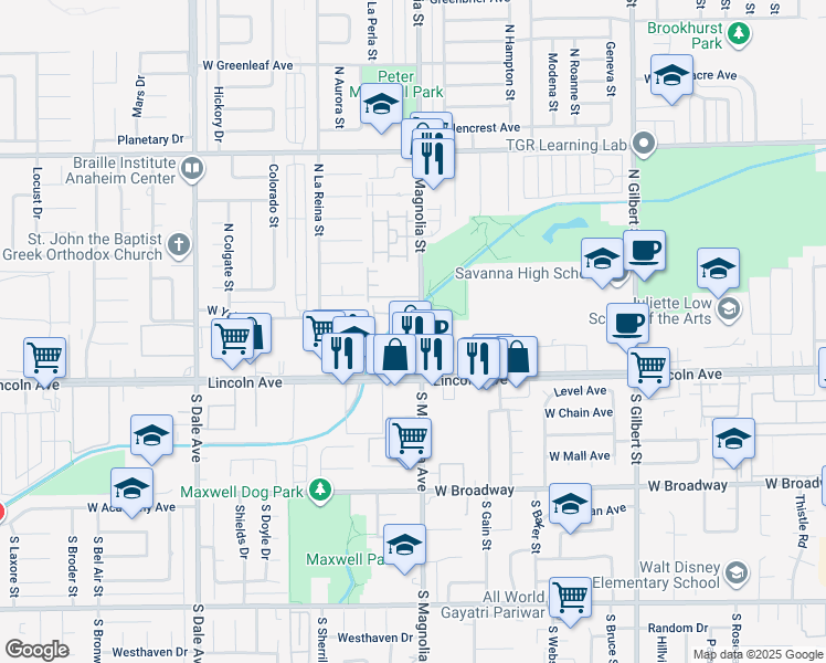 map of restaurants, bars, coffee shops, grocery stores, and more near 173 North Magnolia Street in Anaheim