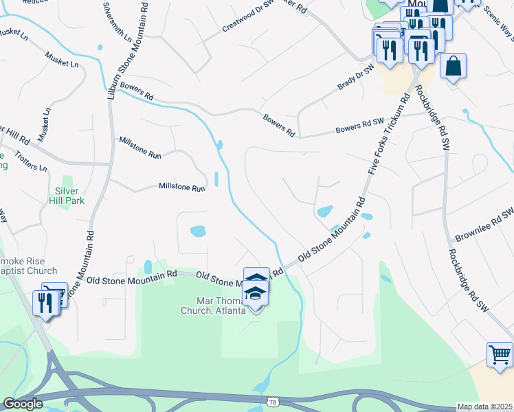 map of restaurants, bars, coffee shops, grocery stores, and more near 1758 East Gate Drive in Stone Mountain