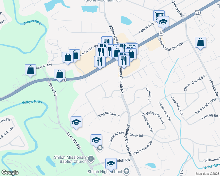 map of restaurants, bars, coffee shops, grocery stores, and more near 4103 Wellington Hills Drive in Snellville