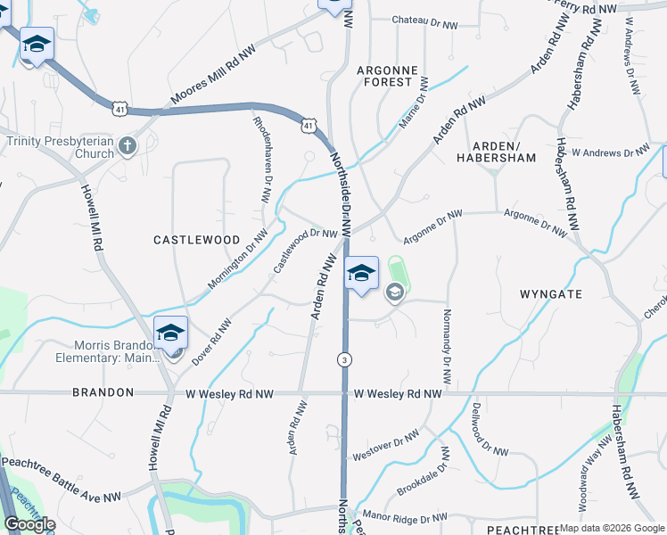 map of restaurants, bars, coffee shops, grocery stores, and more near 2895 Arden Road Northwest in Atlanta
