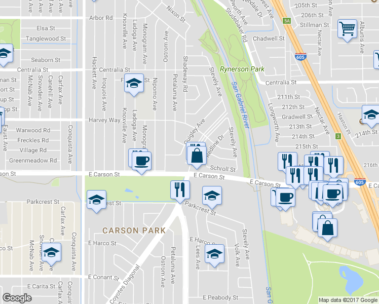 map of restaurants, bars, coffee shops, grocery stores, and more near 4151 Los Coyotes Diagonal in Lakewood