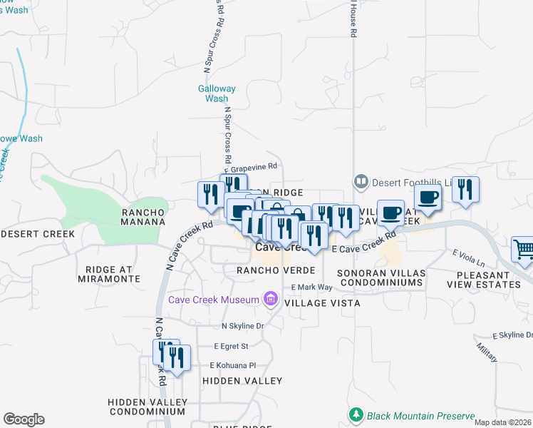 map of restaurants, bars, coffee shops, grocery stores, and more near 38415 North Hazelwood Circle in Cave Creek