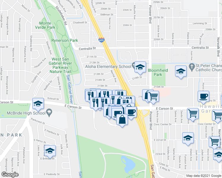 map of restaurants, bars, coffee shops, grocery stores, and more near 11522 215th Street in Lakewood