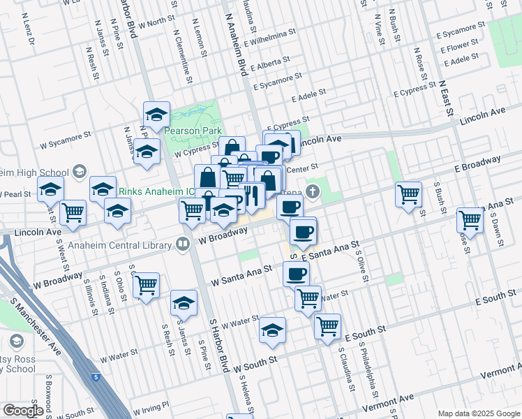 map of restaurants, bars, coffee shops, grocery stores, and more near 201 South Anaheim Boulevard in Anaheim