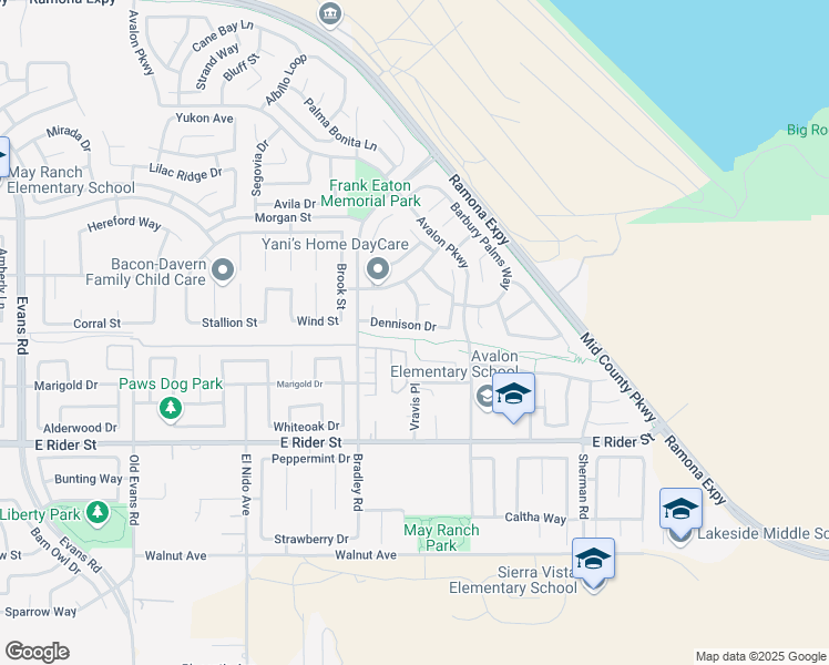 map of restaurants, bars, coffee shops, grocery stores, and more near 1707 Dennison Street in Perris