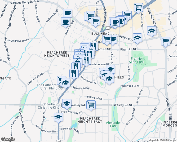map of restaurants, bars, coffee shops, grocery stores, and more near 2893 Peachtree Street Northeast in Atlanta