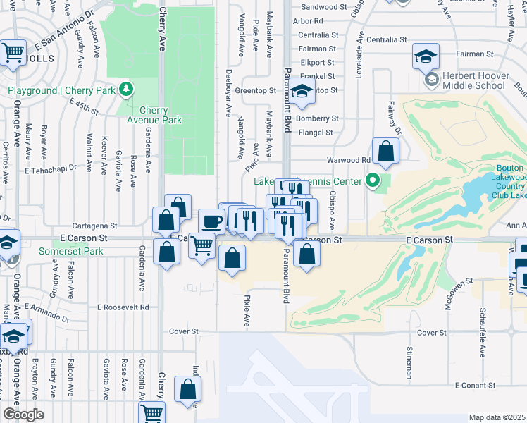 map of restaurants, bars, coffee shops, grocery stores, and more near 4141 Maybank Avenue in Lakewood