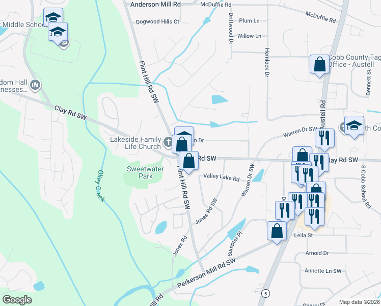 map of restaurants, bars, coffee shops, grocery stores, and more near 2342 Clay Road Southwest in Austell