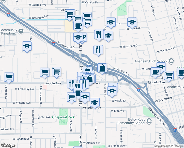 map of restaurants, bars, coffee shops, grocery stores, and more near 329 N Manchester Ave in Anaheim