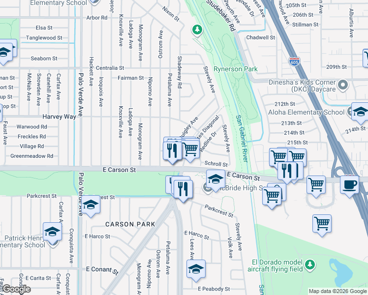 map of restaurants, bars, coffee shops, grocery stores, and more near 4151 Los Coyotes Diagonal in Lakewood