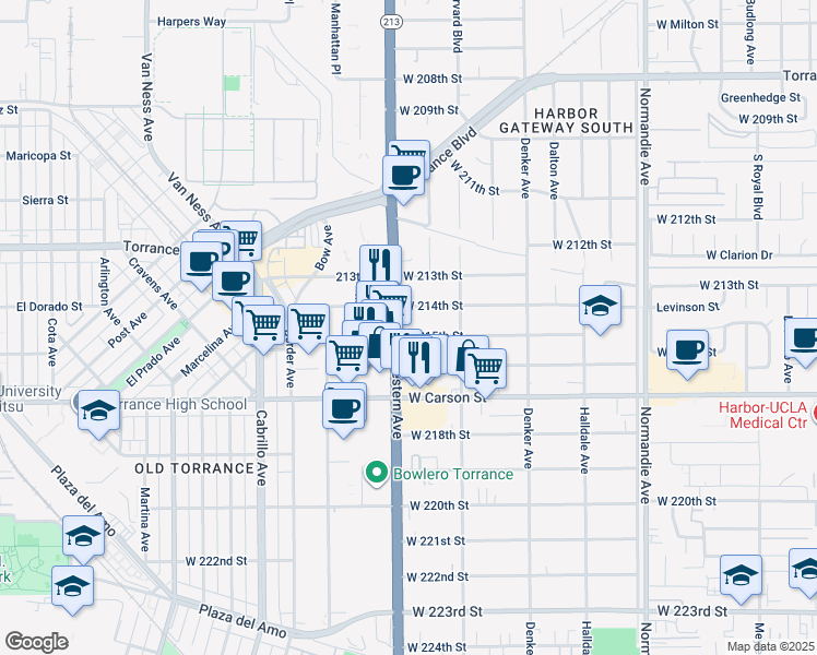 map of restaurants, bars, coffee shops, grocery stores, and more near 1659 West 215th Street in Torrance
