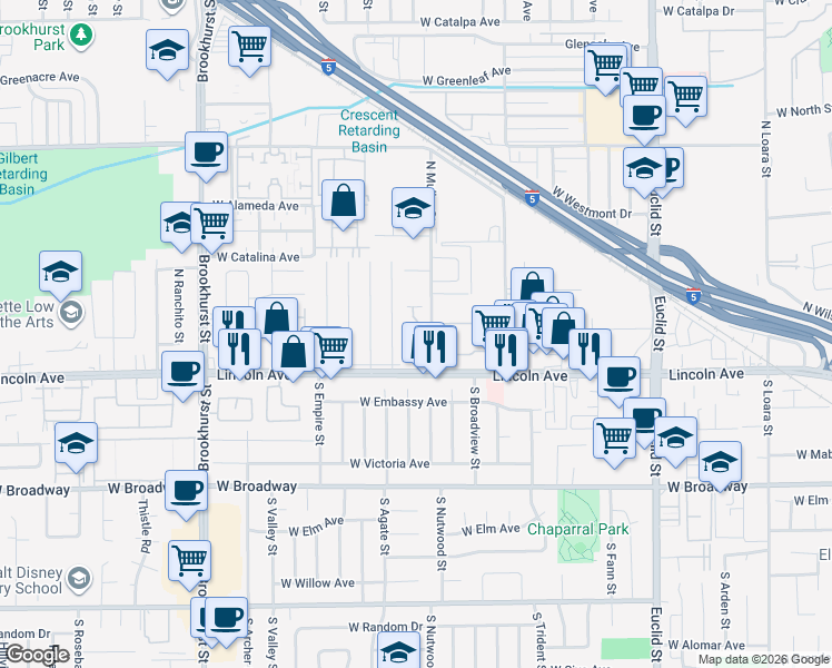 map of restaurants, bars, coffee shops, grocery stores, and more near 1972 West Blue Violet Court in Anaheim