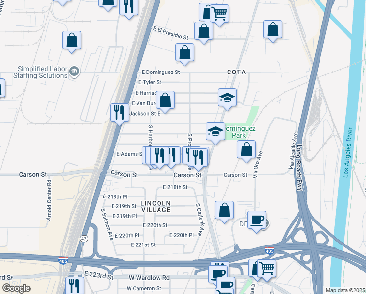 map of restaurants, bars, coffee shops, grocery stores, and more near 2653 East Jefferson Street in Long Beach