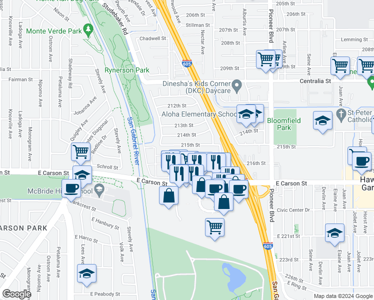 map of restaurants, bars, coffee shops, grocery stores, and more near 11414 215th Street in Lakewood