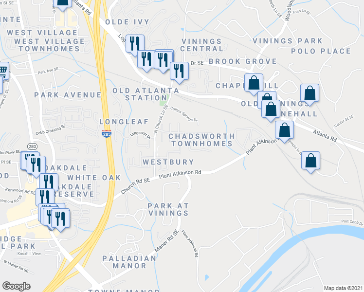 map of restaurants, bars, coffee shops, grocery stores, and more near 4841 Colchester Court in Smyrna