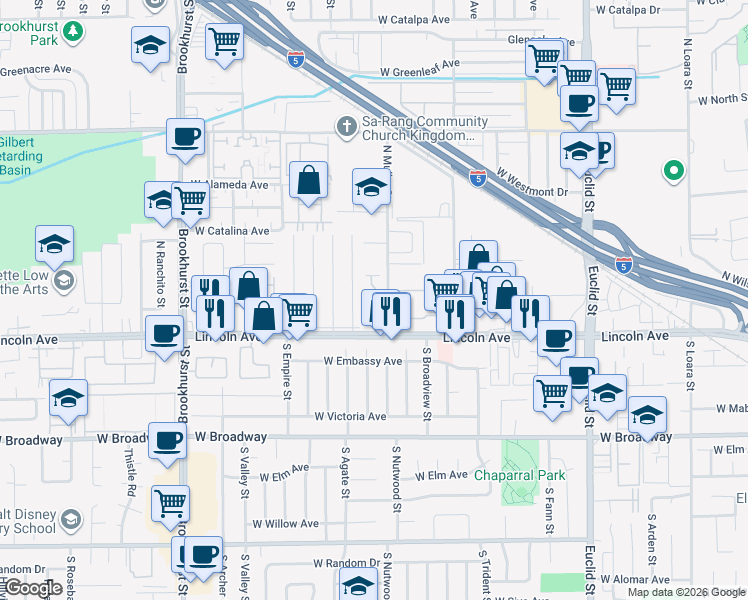 map of restaurants, bars, coffee shops, grocery stores, and more near 1972 West Blue Violet Court in Anaheim